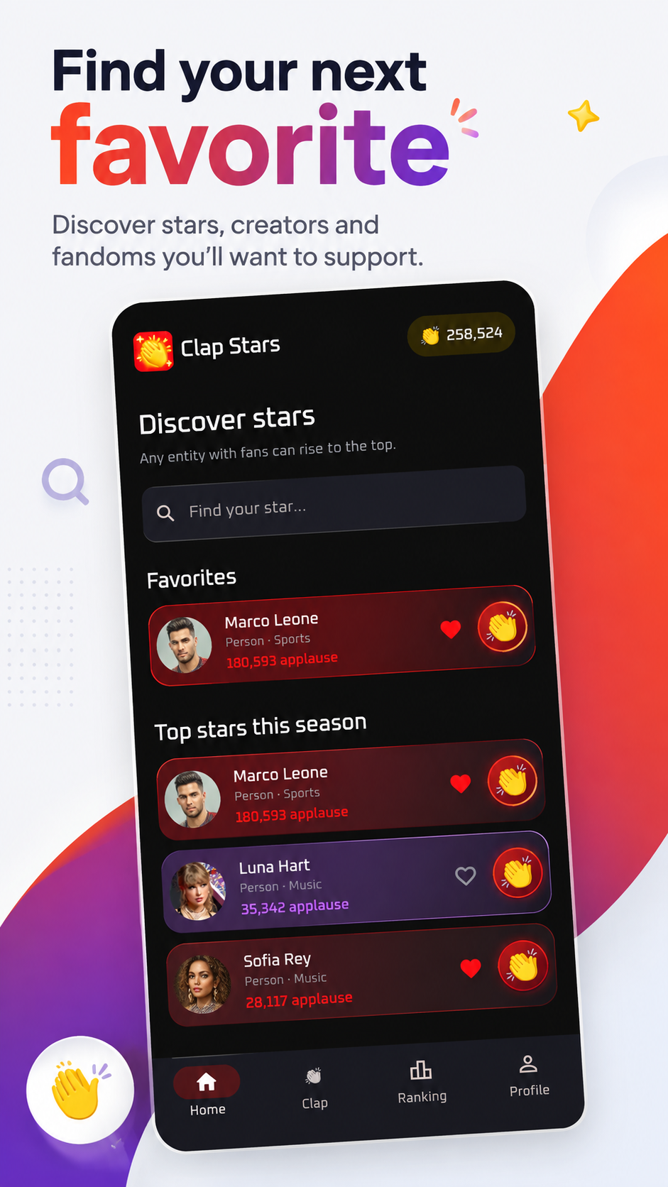 Discover stars screen with favorites and seasonal top list