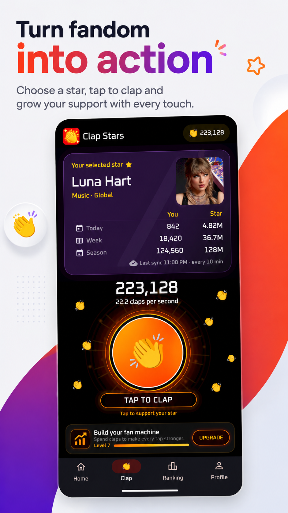 Tap-to-clap screen with production rate and upgrade prompt